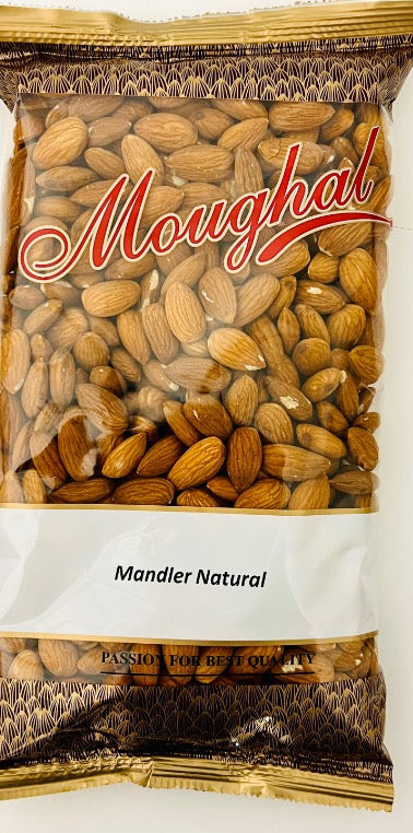 Bag of almonds with 'Moughal' branding on a white background