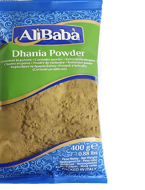 Pack of Ali Baba Dhania Powder with blue and green packaging on a white background