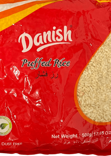 Red package of Danish puffed rice with visible rice inside on a white background