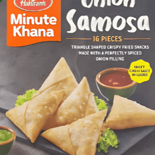 Packaging of Haldiram's Onion Samosa with aDesi Mart logo on a white background