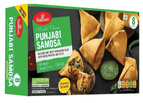 Box of Haldiram's Punjabi Samosa with Desi Mart branding on a white background
