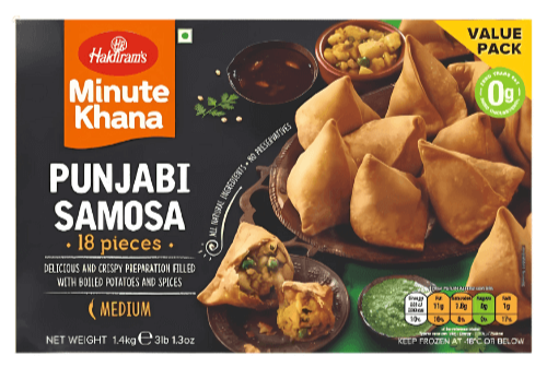 Packaging of Haldiram's Punjabi Samosa from Desi Mart with images of samosas and dipping sauces.