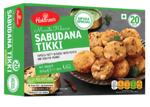 Haldiram's Sabudana Tikki packaging with Desi Mart logo on a white background