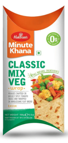Packaging of Haldiram's Minute Khana Classic Mix Veg wrap with Desi Mart logo.