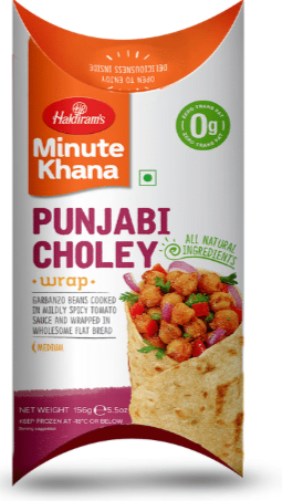 Packaged food product with 'Haldimand Minute Khana' branding on a white background