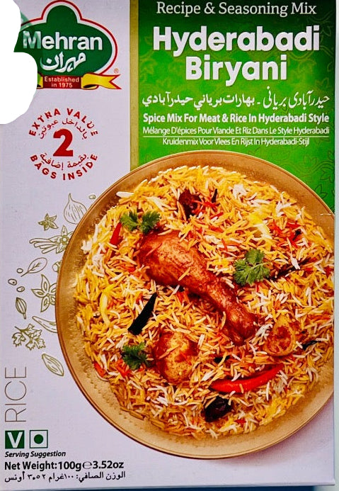 Mehran Hyderabadi Biryani spice mix packaging on a white background