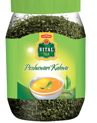 Jar of Vital Tea Peshawari Kahwa with green lid and label on a white background